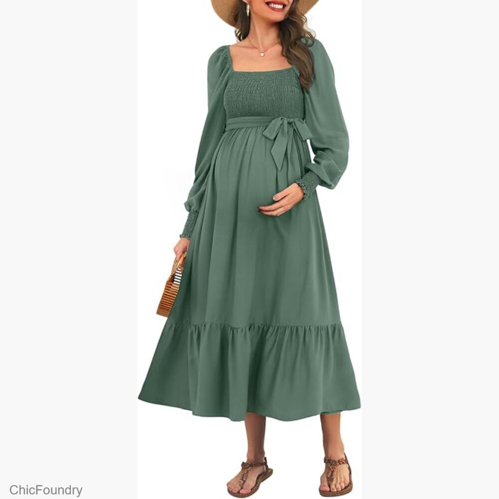 Maternity Midi Dress Smocked Square Neck A-Line Long Sleeve Baby Shower